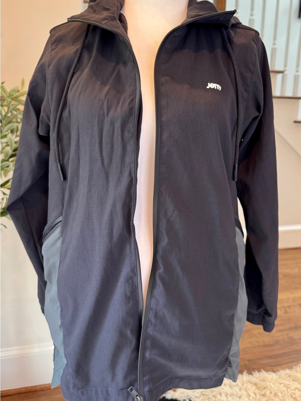 Jetty-Women's Black Hooded Windbreaker with Gray Panels-Small